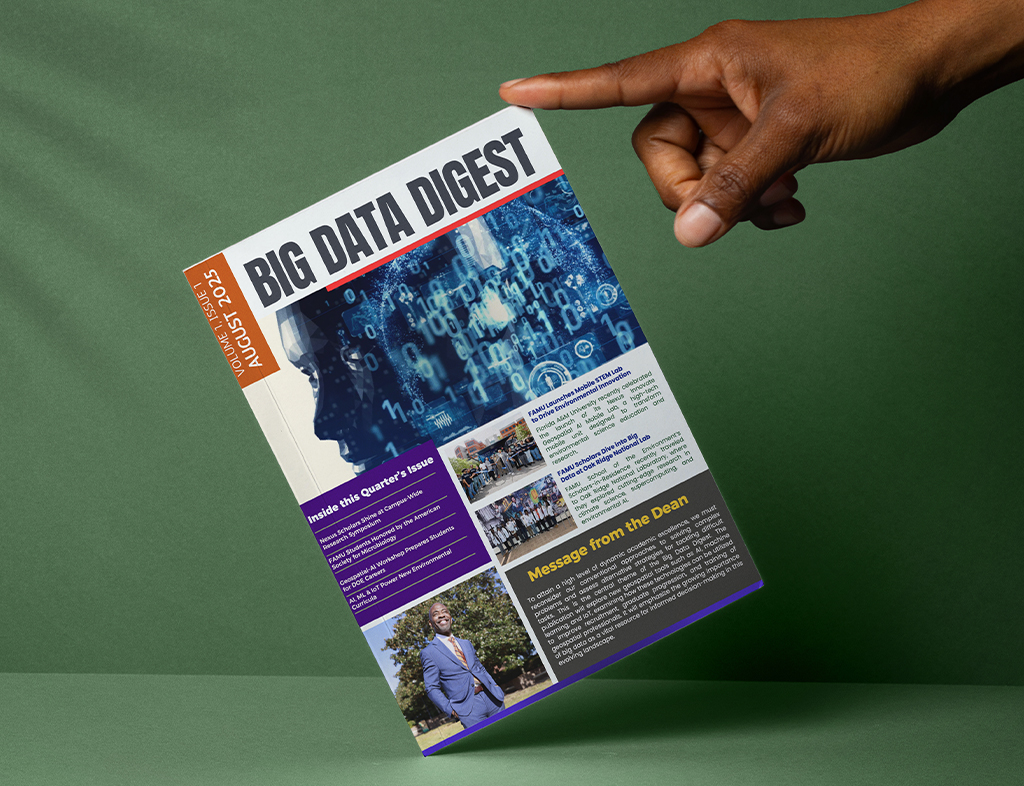 Hand holding the corner of a ‘Big Data Digest’ newsletter on a table.